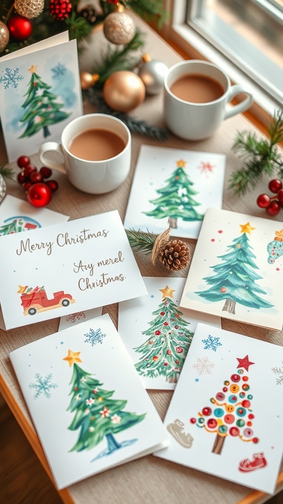 A collection of DIY Christmas cards with watercolor and stamped designs on a festive table.